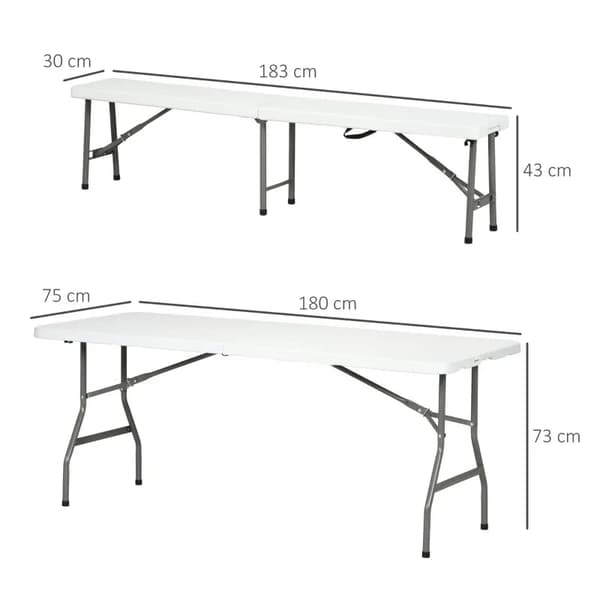Rootz-oluttelttasarja 6 hengelle - Puutarhahuonekalusetit - 3-osainen - Taitettava - Kevyt - Säänkestävä - Teräsrunko - Valkoinen - 180cm x 75cm x 73c