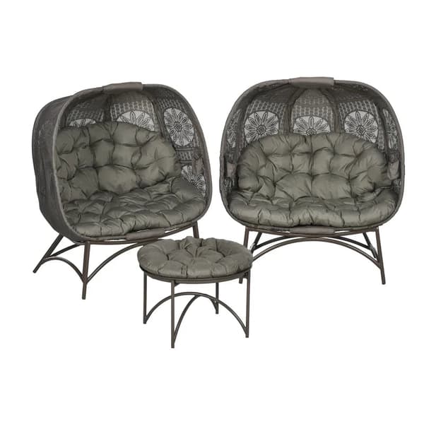 Rootz Havemøbelsæt - 2 kurvestole - Sidebord - Sammenfoldelig - Sædehynder - Metalstel - Stål-Polyester - Sand - 110w X 52d X 40h Cm