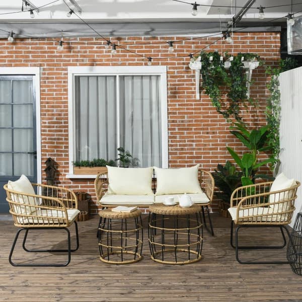 Rootz Havemøbler - Sædehynder - Loungesæt - Udendørs siddegruppe - Boho Style - 5-delt sæt - PE Rattan-polyester - Creme - Naturlig - Sort - 145 X 70