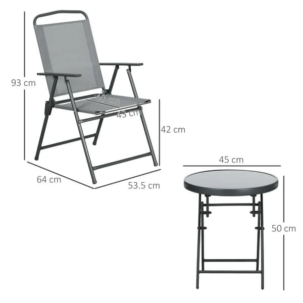 Rootz Udendørs Bistro Møbelsæt - Have Bistro Sæt - Foldebar Bistro Sæt - Hærdet glas - Mesh stof - Lysegrå - 53,5 cm x 64 cm x 93 cm