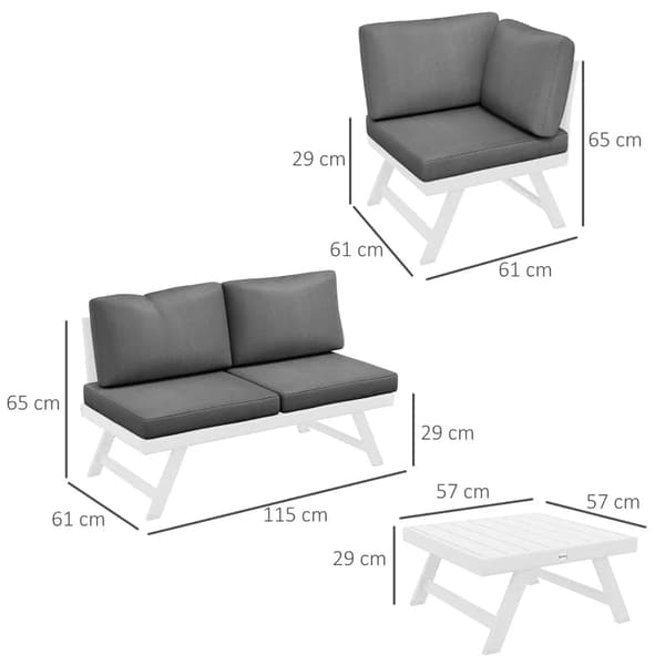 Rootz 4-osainen puutarhaistuin olohuoneen kalusteet - Kulmasohva - Sohvapöytä - Istuintyynyt - Alumiini - Harmaa + Valkoinen - 115 cm x 61 cm x 65 cm