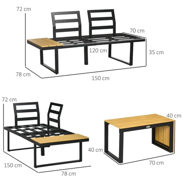 Rootz Trädgårdsmöbelset för 3 personer - Balkongmöbler med sittdynor - Aluminiumram - Trälook - Mörkgrå + Natur - 150L x 78W x 72H cm