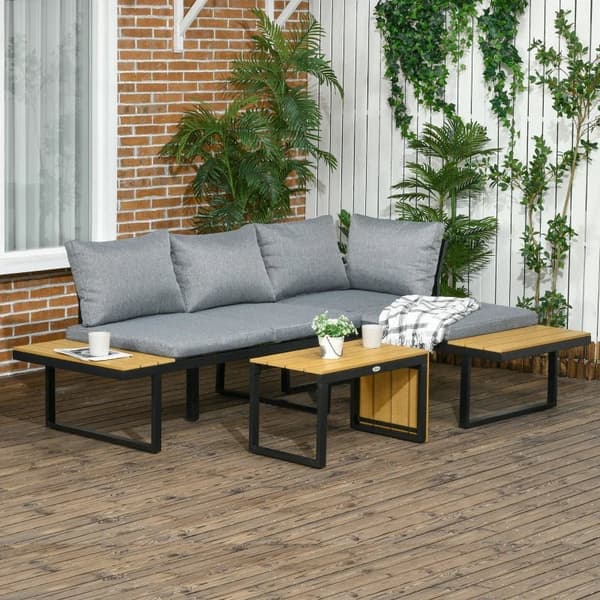 Rootz Trädgårdsmöbelset för 3 personer - Balkongmöbler med sittdynor - Aluminiumram - Trälook - Mörkgrå + Natur - 150L x 78W x 72H cm