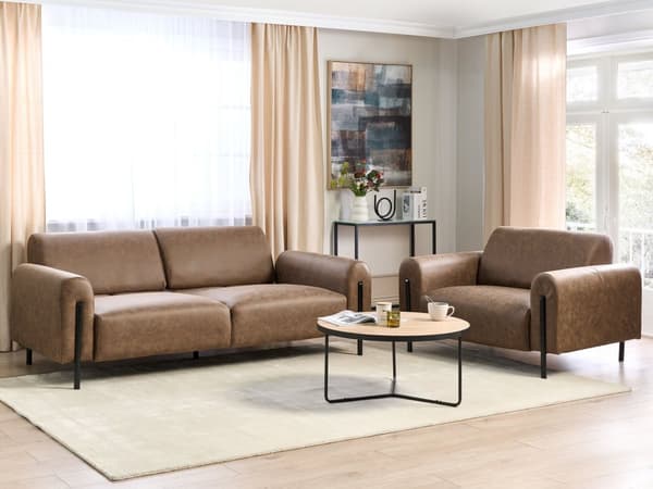 Soffgrupp Brun Tyg Metallben 3-sits Soffa Läderlook Klassisk Fåtölj Justerbart Ryggstöd Vardagsrum Modernt