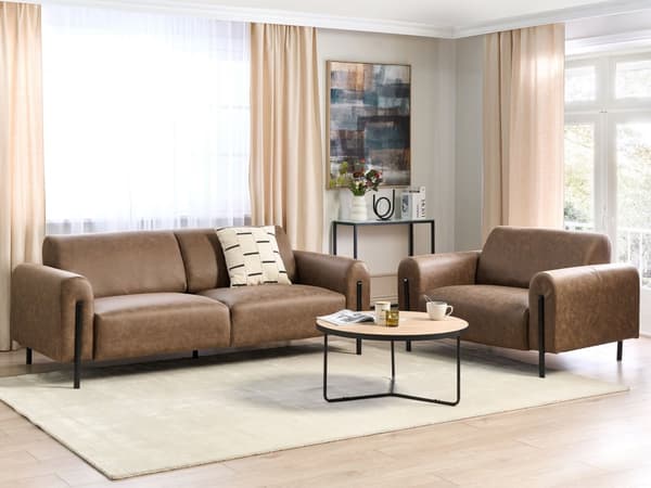 Soffgrupp Brun Tyg Metallben 3-sits Soffa Läderlook Klassisk Fåtölj Justerbart Ryggstöd Vardagsrum Modernt