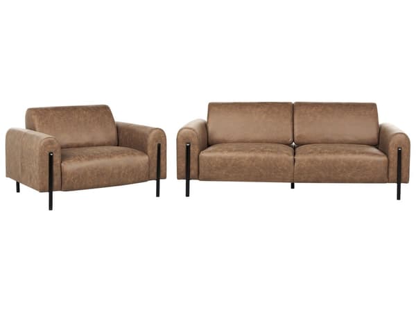 Soffgrupp Brun Tyg Metallben 3-sits Soffa Läderlook Klassisk Fåtölj Justerbart Ryggstöd Vardagsrum Modernt