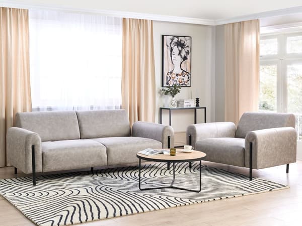 Soffgrupp Grå Tyg Metallben 3-sits Soffa Läderlook Klassisk Fåtölj Justerbart Ryggstöd Vardagsrum Modernt