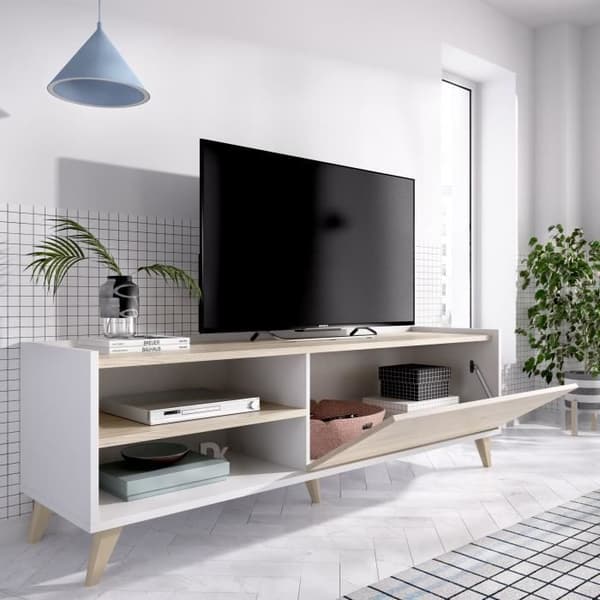 NESS vardagsrumsset: TV-enhet + Lyftbart soffbord - Melamin - Ljus ek och vit dekor