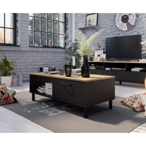 TV-skåp + OXFORD soffbordsset - Industriell stil - Svart ekmelamin - Soffbord: L110 cm och TV-skåp 159 cm