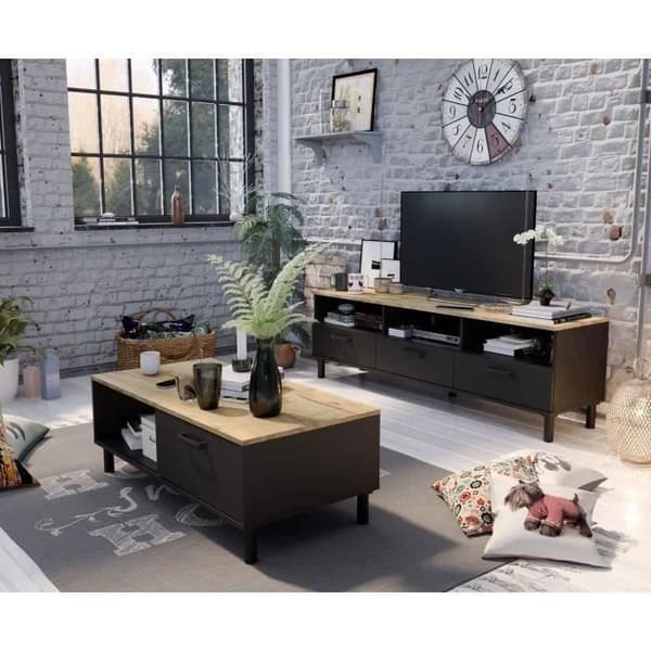 TV-skåp + OXFORD soffbordsset - Industriell stil - Svart ekmelamin - Soffbord: L110 cm och TV-skåp 159 cm