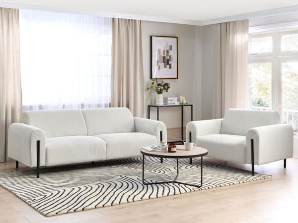 Sofagruppe hvid stofbetrukket stålben 4-personers fløjl justerbart ryglæn moderne stil