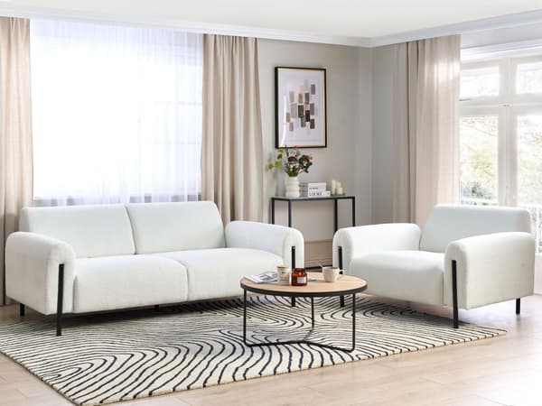 Sofagruppe hvid stofbetrukket stålben 4-personers boucle justerbart ryglæn moderne stil