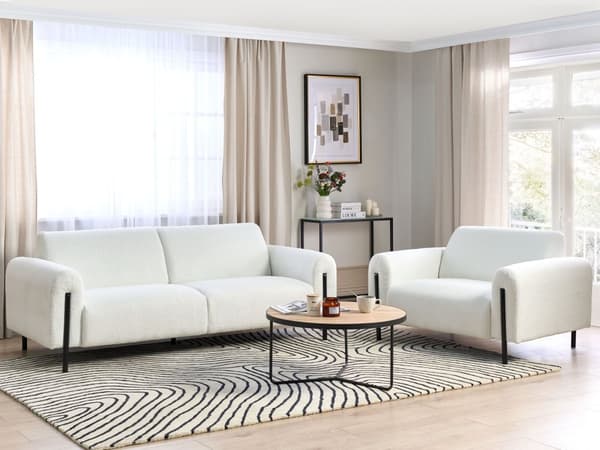 Sofagruppe hvid stofbetrukket stålben 4-personers boucle justerbart ryglæn moderne stil