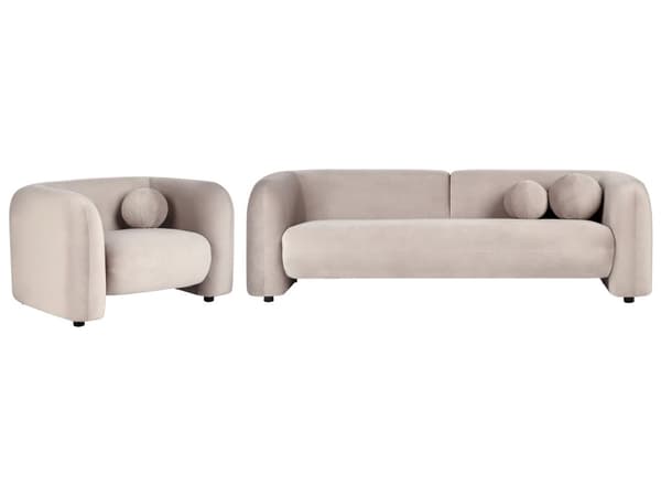 Soffgrupp 4-sits Gråbeige Sammet Soffa 3-sits + Fåtölj med Prydnadskuddar Retro Glam Art Déco Vardagsrum