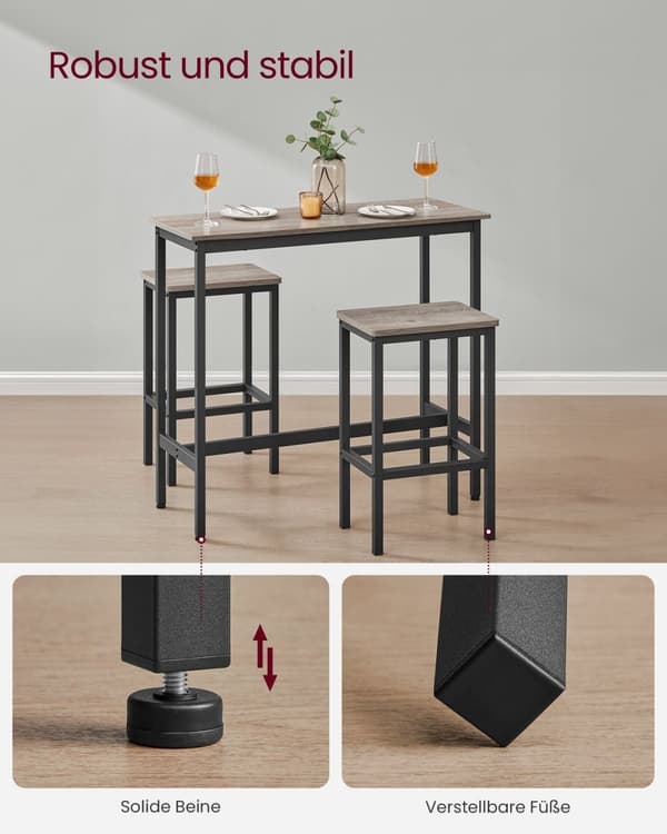 Rootz 3-osainen baaripöytäsetti - Pub-pöytä - Tason korkeuspöytä - Lastulevy ja teräs - Greige kirjava muste - 100 cm x 40 cm x 90 cm - 40 cm x 30 cm