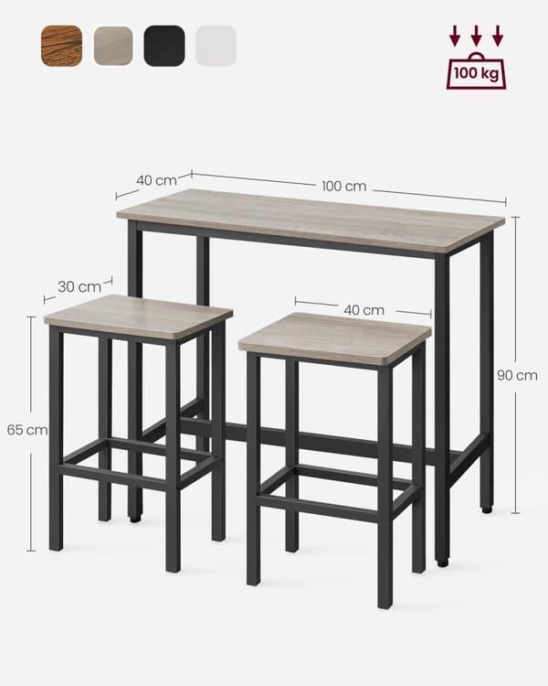 Rootz 3-osainen baaripöytäsetti - Pub-pöytä - Tason korkeuspöytä - Lastulevy ja teräs - Greige kirjava muste - 100 cm x 40 cm x 90 cm - 40 cm x 30 cm