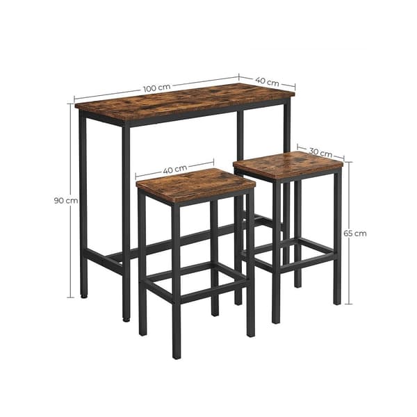 Rootz 3-osainen vintage ruskea-musta baaripöytäsetti - lastulevy teräs - pubipöytä - pöytätasokorkeus - keittiöpöytä - 100cm x 40cm x 90cm