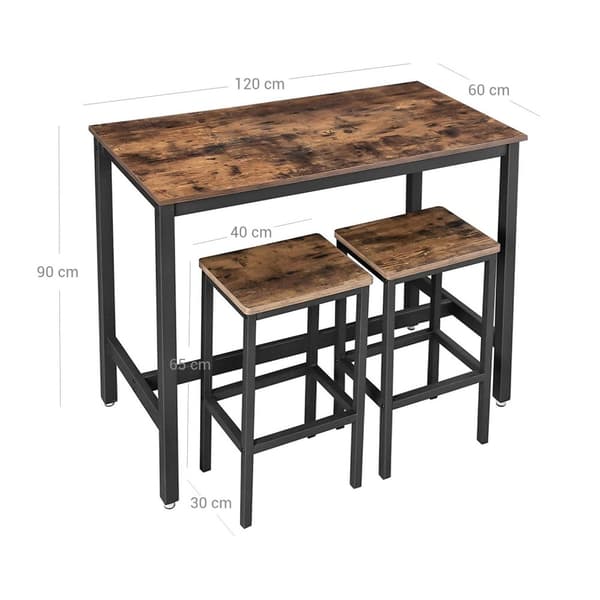 Rootz Vintage -baaripöytäsetti - Tummanruskea pubipöytä - Lastulevyinen bistrosetti - Rautarunko - 120cm x 60cm x 90cm - 40cm x 30cm x 65cm Jakkarat -
