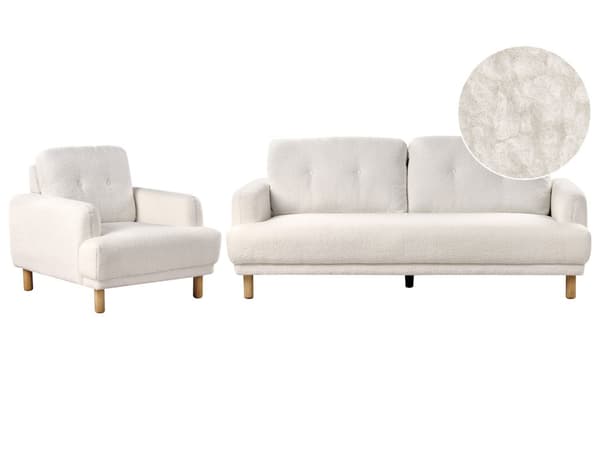 Sohvaryhmä valkoinen bukleekangas verhoiltu puujalat neljälle nappikoristeltu olohuoneen retro minimalistinen tyyli