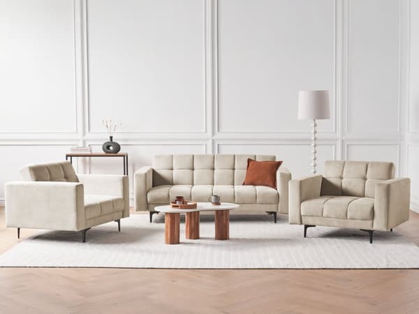 Sofasæt Beige Polyester 5 Personers Sofagruppe med Lænestole Splitback Sovefunktion Stue Indretning