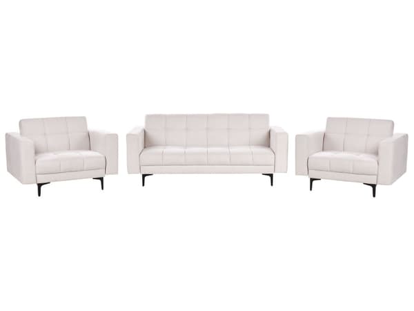 Soffgrupp Off-White Polyester Tyg Klädsel 3-sits och 2 Fåtöljer Lutande Ryggstöd 3 Lägen Klick-Klack