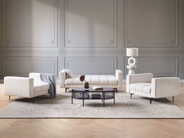 Sofasæt Off White Polyester 5 Personers Sofagruppe med Lænestole Splitback Sovefunktion Stue Indretning