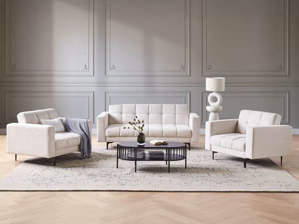 Sofasæt Off White Polyester 5 Personers Sofagruppe med Lænestole Splitback Sovefunktion Stue Indretning