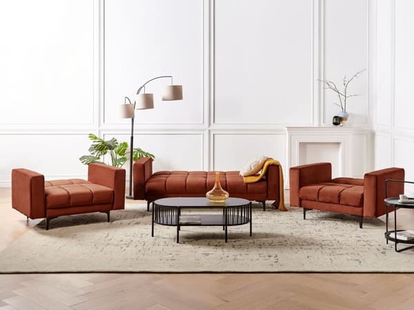 Sofasæt Rød Velour 5 Personers Sofagruppe med Lænestole Splitback Sovefunktion Stue Indretning
