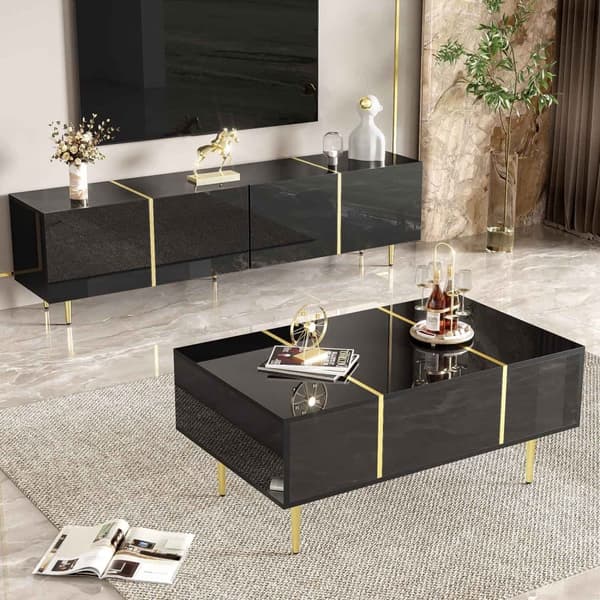 Modernt svart TV-bänk och soffbord set i högblank finish – Elegant vardagsrumsset i svart glans, stilren TV-möbel och matchande soffbord