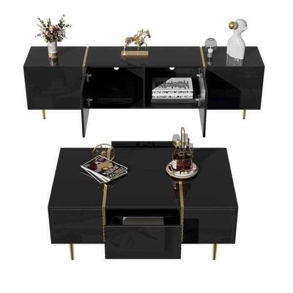 Modernt svart TV-bänk och soffbord set i högblank finish – Elegant vardagsrumsset i svart glans, stilren TV-möbel och matchande soffbord
