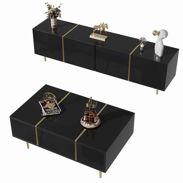 Modernt svart TV-bänk och soffbord set i högblank finish – Elegant vardagsrumsset i svart glans, stilren TV-möbel och matchande soffbord