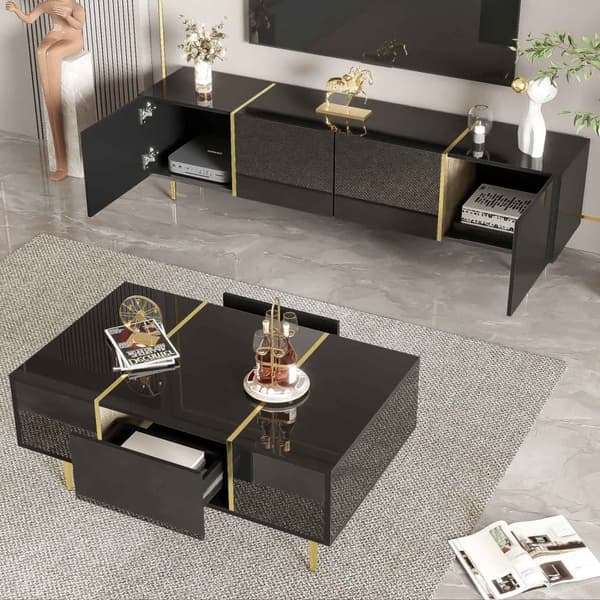 Modernt svart TV-bänk och soffbord set i högblank finish – Elegant vardagsrumsset i svart glans, stilren TV-möbel och matchande soffbord