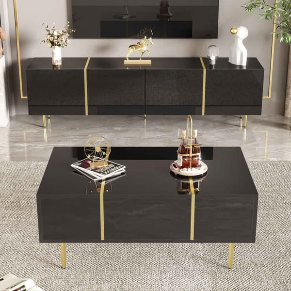 Modernt svart TV-bänk och soffbord set i högblank finish – Elegant vardagsrumsset i svart glans, stilren TV-möbel och matchande soffbord