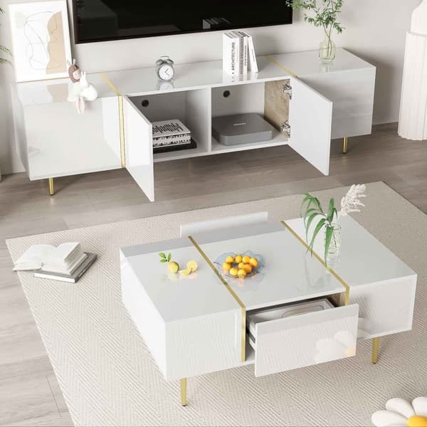 TV-bänk och soffbord set i vit högglans – Modernt vardagsrumsset med förvaring, 4 dörrar och 2 lådor, stilren och lättstädad design