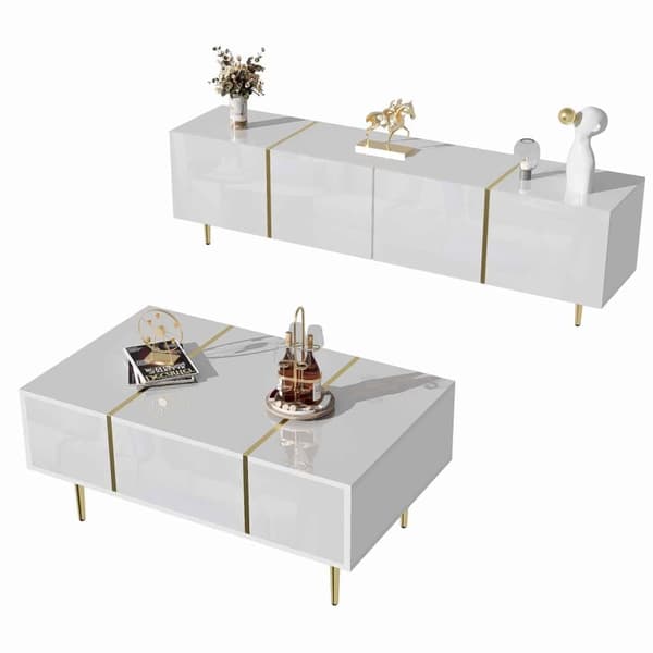 TV-bänk och soffbord set i vit högglans – Modernt vardagsrumsset med förvaring, 4 dörrar och 2 lådor, stilren och lättstädad design