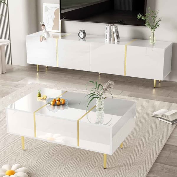 TV-bänk och soffbord set i vit högglans – Modernt vardagsrumsset med förvaring, 4 dörrar och 2 lådor, stilren och lättstädad design