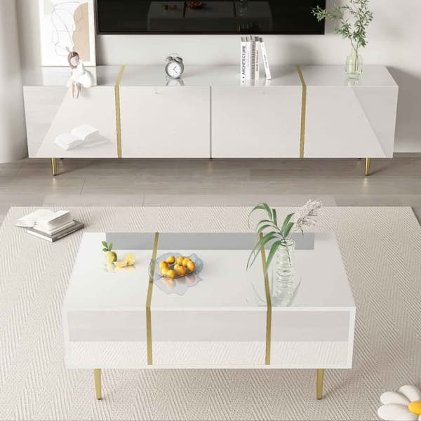 TV-bänk och soffbord set i vit högglans – Modernt vardagsrumsset med förvaring, 4 dörrar och 2 lådor, stilren och lättstädad design