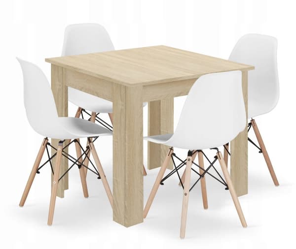 Set med fyrkantigt bord 80x80 sonoma ek + 4 vita OSAKA-stolar