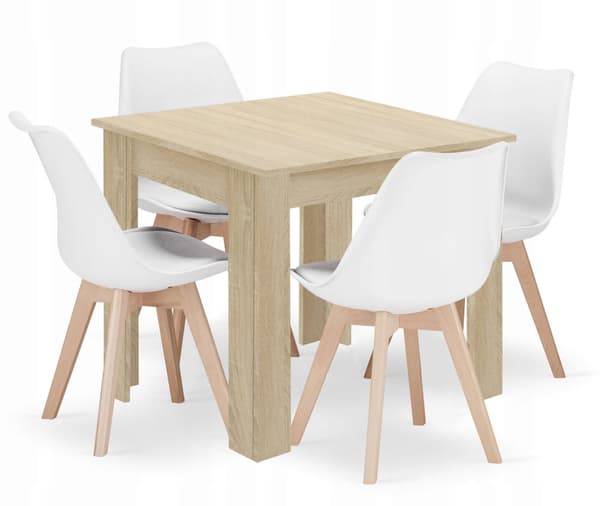 Set med fyrkantigt bord 80x80 sonoma ek + 4 MARK vita stolar