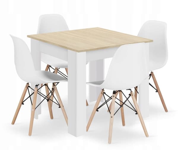 Set med fyrkantigt bord 80x80 sonoma ek + 4 vita OSAKA-stolar