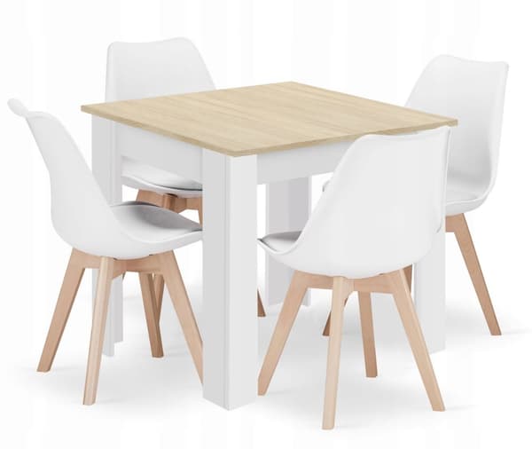 Set med fyrkantigt bord 80x80 sonoma ek + 4 MARK vita stolar