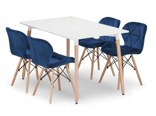 ADRIA 120x80 vit rektangulär bordsgrupp + 4 LAGO marinblå stolar