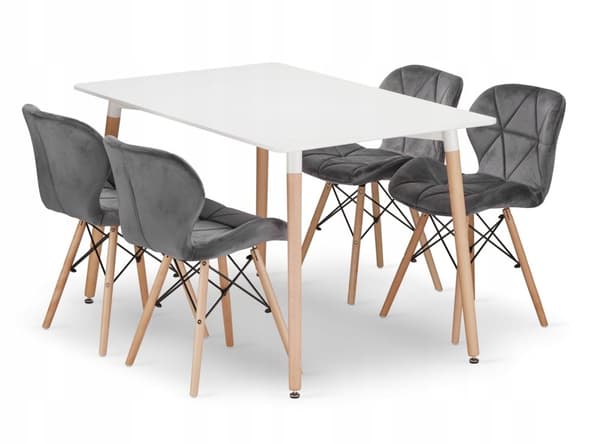 ADRIA rektangulärt bordsset 120x80 vit + 4 LAGO grå stolar
