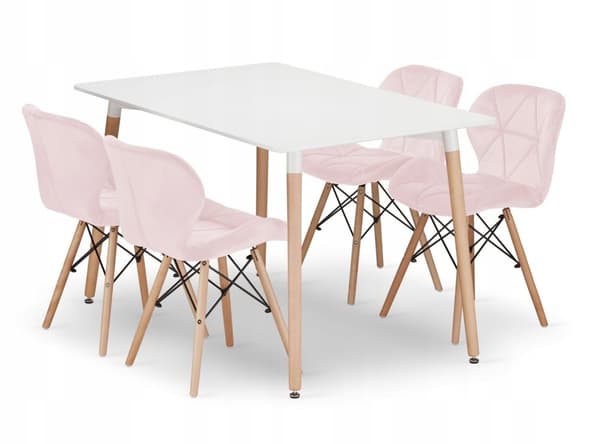 ADRIA rektangulært bordsæt 120x80 hvid + 4 LAGO lyserøde stole