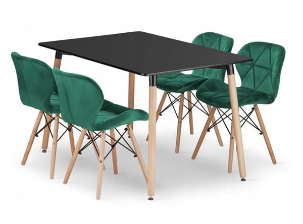 ADRIA rektangulært bordsæt 120x80 sort + 4 LAGO grønne stole