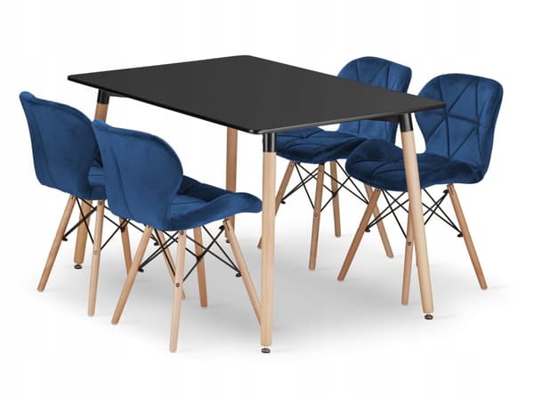 ADRIA suorakaiteen muotoinen pöytäsetti 120x80 musta + 4 LAGO tummansinistä tuolia