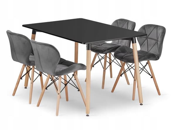 ADRIA rektangulært bordsæt 120x80 sort + 4 LAGO grå stole