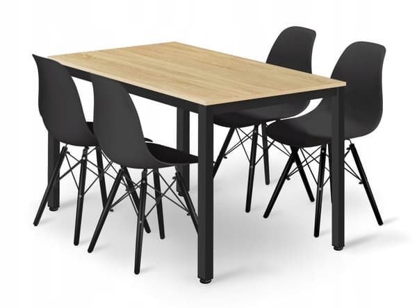 TESSA rektangulært bordsæt 120x60 lys eg + 4 OSAKA sorte stole
