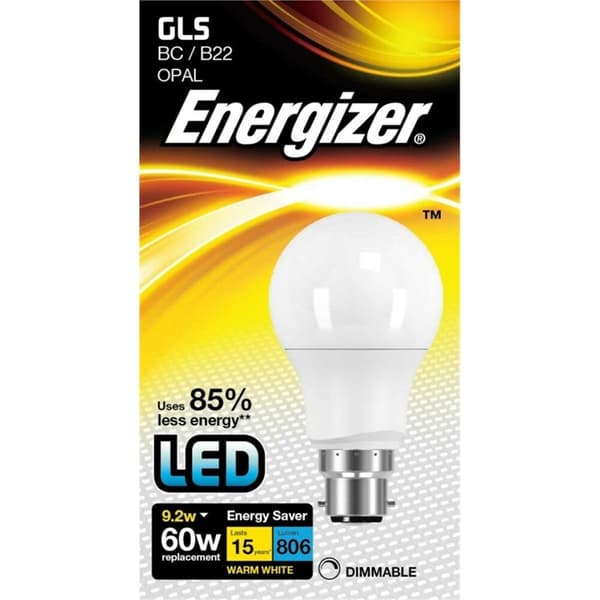 Energizer LED GLS 9.2w Opal 806lm Light Bulb B22 Warm White Dimmable White One Size