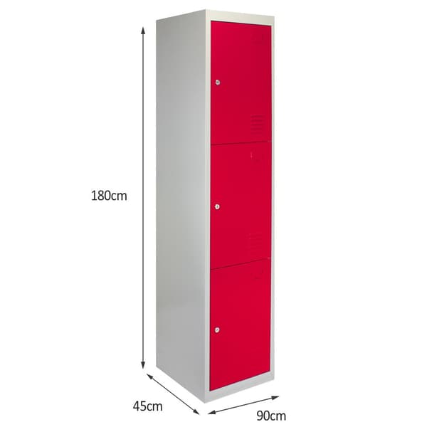 Förvaringsskåp i Metall 3 x Röda Låsbara Ventilerade Dörrar Plattpackad Omklädningsrum Personalrum Kontor Gym Skola Förvaring + GRATIS Magneter